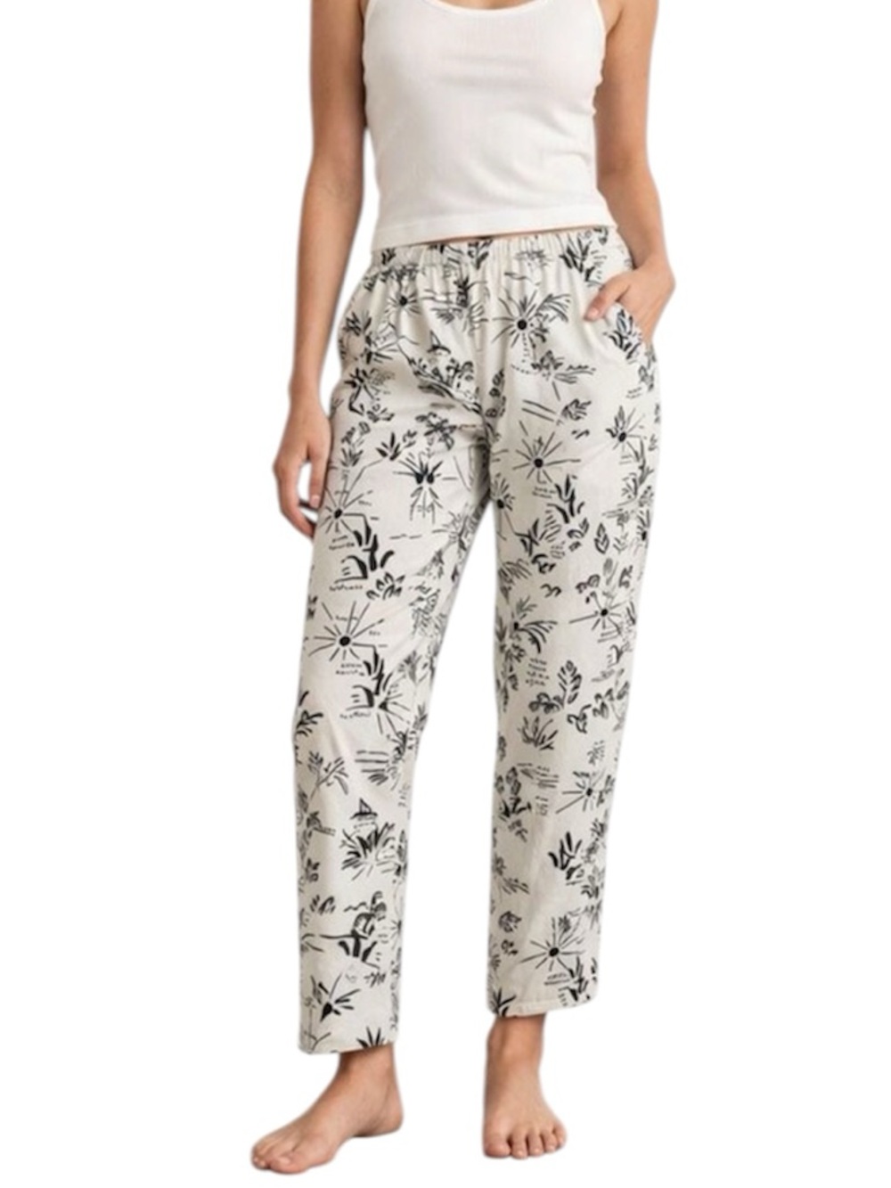 Free People Cream Wide-Leg Pants with Black Tropical Print